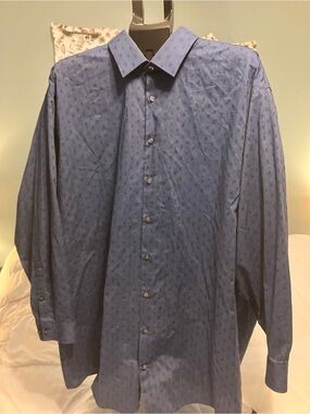 J. Ferrar Big & Tall Stretch Dress Shirt Blue Geometric Pattern 18.5 34/35
